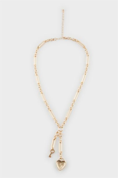 Woman Heart and Key Gold Necklace