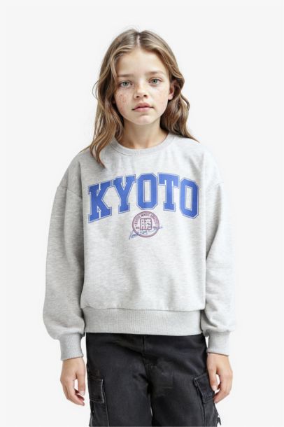 Relax Fit Bisiklet Yaka Baskılı 2'li Sweatshirt Kız Çocuk