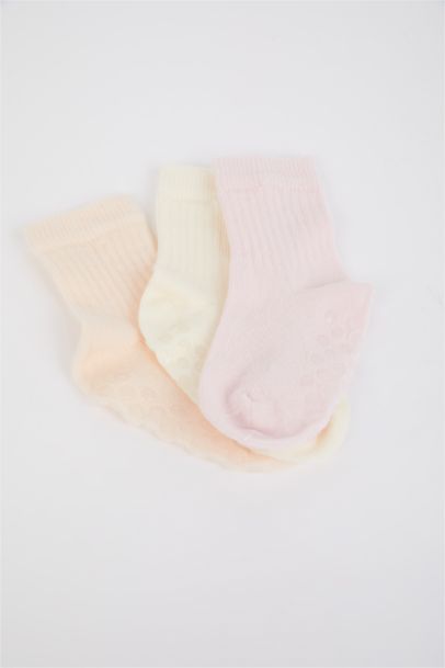 Kız Bebek Basıc Düz Kaydırmaz Taban 3'lü Pamuklu Uzun Çorap