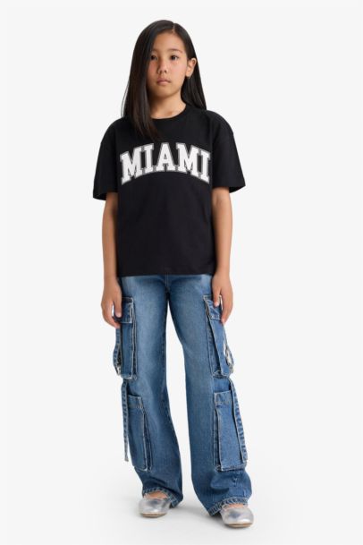 Relax Fit Bisiklet Yaka Baskılı Kısa Kollu Tişört Kız Çocuk