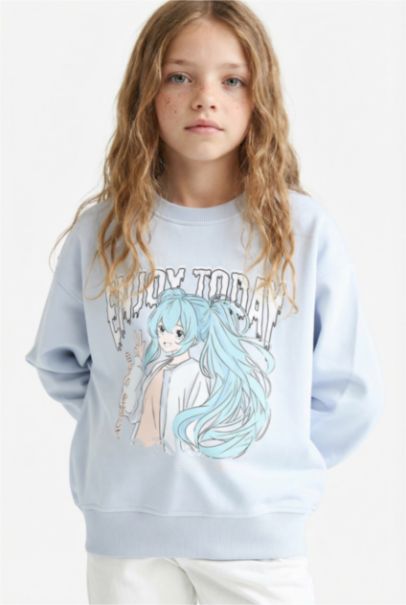 Relax Fit Bisiklet Yaka Anime Baskılı Sweatshirt Kız Çocuk