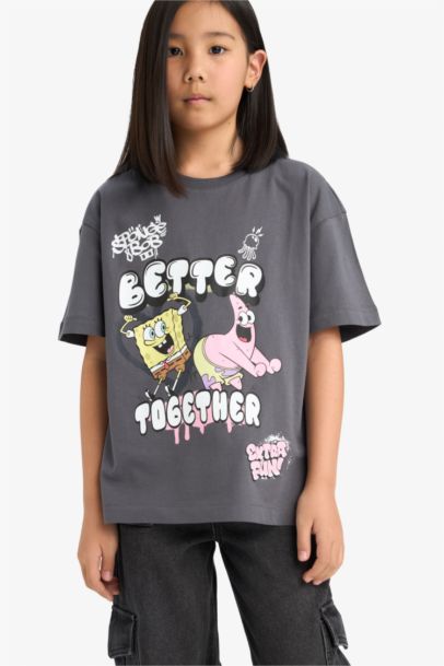 تيشيرت نص كم اوفر سايز بياقة مستديرة من سبونج بوب