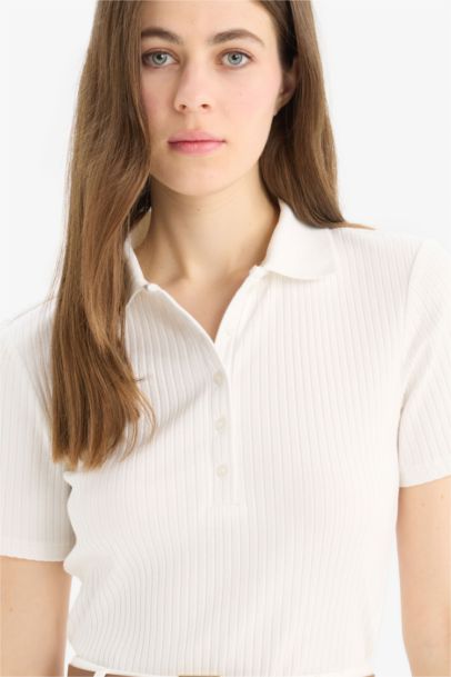 Slim Fit Dar Kesim Fitilli Kaşkorse Kısa Kollu Polo Beyaz Tişört