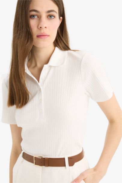 Slim Fit Dar Kesim Fitilli Kaşkorse Kısa Kollu Polo Beyaz Tişört