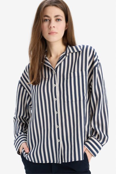 Oversize Fit Shirt Collar Striped Long Sleeve Shirt