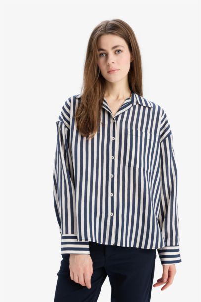 Oversize Fit Shirt Collar Striped Long Sleeve Shirt