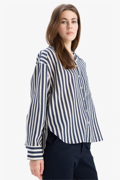 Oversize Fit Shirt Collar Striped Long Sleeve Shirt