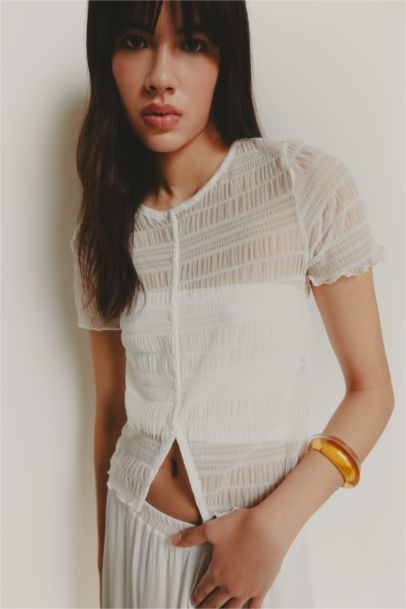 بلوزة سليم من التول قصة عادية برقبة مستديرة