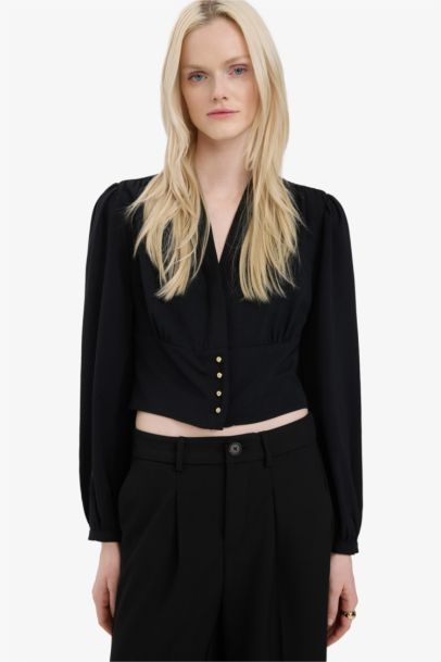 Slim Fit V-Neck Long Sleeve Blouse