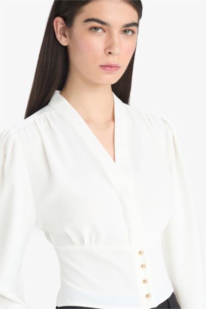 Slim Fit V-Neck Long Sleeve Blouse