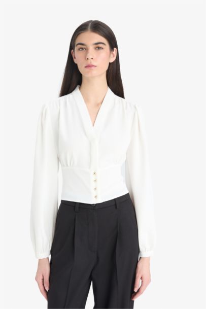 Slim Fit V-Neck Long Sleeve Blouse