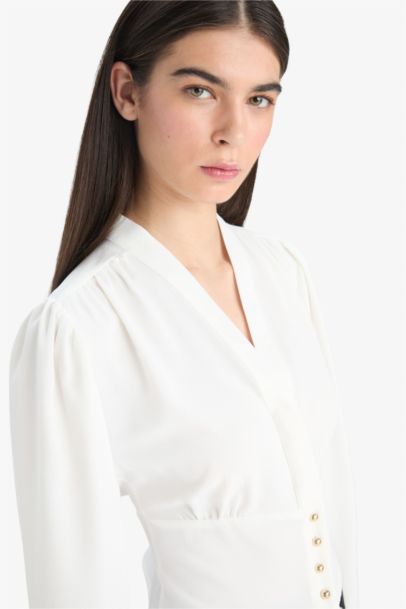 Slim Fit V-Neck Long Sleeve Blouse