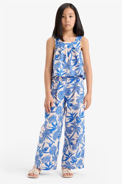 Girl Linen Look Patterned Sleeveless Blouse Trousers 2 Piece Set