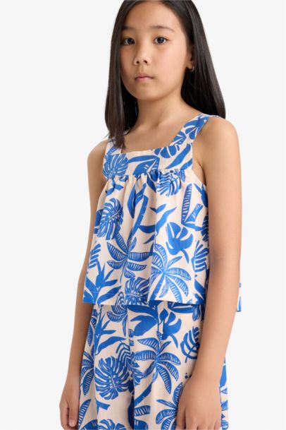 Girl Linen Look Patterned Sleeveless Blouse Trousers 2 Piece Set