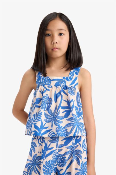 Girl Linen Look Patterned Sleeveless Blouse Trousers 2 Piece Set