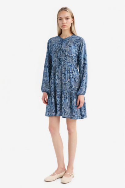 Crew Neck Patterned Long Sleeve Mini Dress