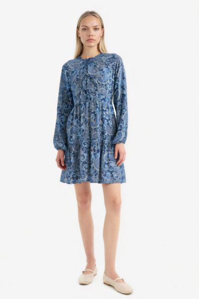 Crew Neck Patterned Long Sleeve Mini Dress