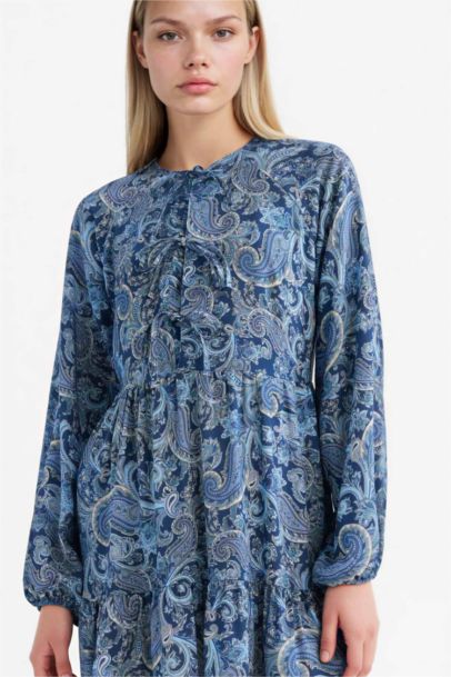 Crew Neck Patterned Long Sleeve Mini Dress