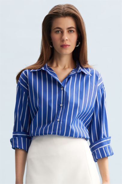 Oversize Fit Shirt Collar Poplin Printed Long Sleeve Shirt