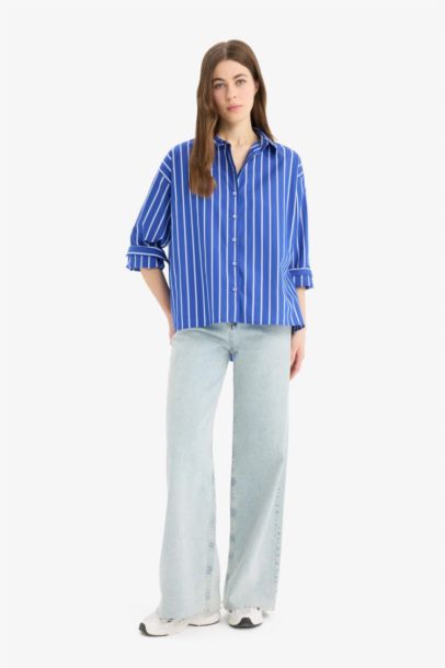 Oversize Fit Shirt Collar Poplin Printed Long Sleeve Shirt