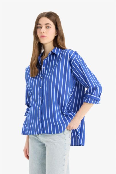 Oversize Fit Shirt Collar Poplin Printed Long Sleeve Shirt
