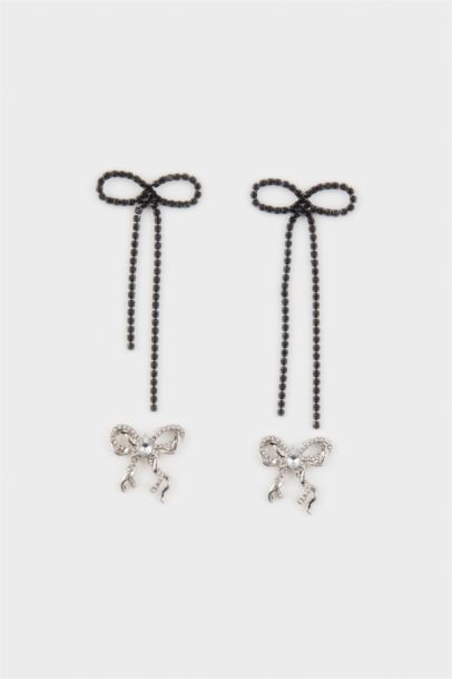 Woman 2 Piece Ribbon Black Silver Earrings
