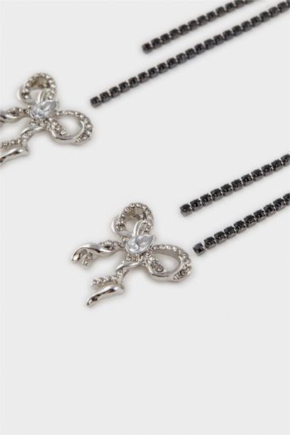 Woman 2 Piece Ribbon Black Silver Earrings