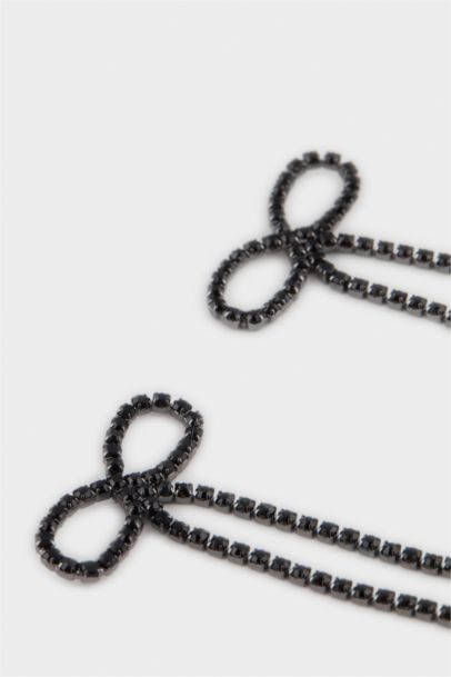 Woman 2 Piece Ribbon Black Silver Earrings