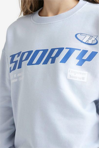 Relax Fit Bisiklet Yaka Baskılı Sweatshirt Kız Çocuk