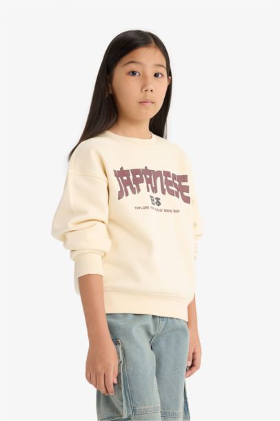 Relax Fit Bisiklet Yaka Baskılı İçi Yumuşak Tüylü Sweatshirt Kız Çocuk