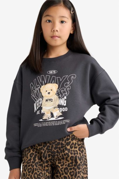 Girl Relax Fit Crew Neck Printed Soft Lining Sweatshirt