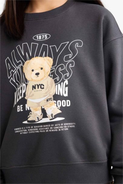 Girl Relax Fit Crew Neck Printed Soft Lining Sweatshirt