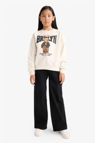 Relax Fit Bisiklet Yaka Baskılı İçi Yumuşak Tüylü Sweatshirt Kız Çocuk