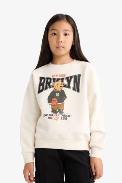 Relax Fit Bisiklet Yaka Baskılı İçi Yumuşak Tüylü Sweatshirt Kız Çocuk