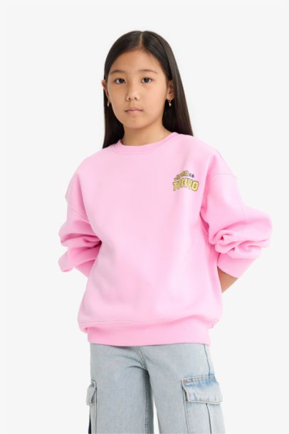 Oversize Geniş Kalıp Bisiklet Yaka Sırt Baskılı İçi Yumuşak Tüylü Sweatshirt Kız Çocuk