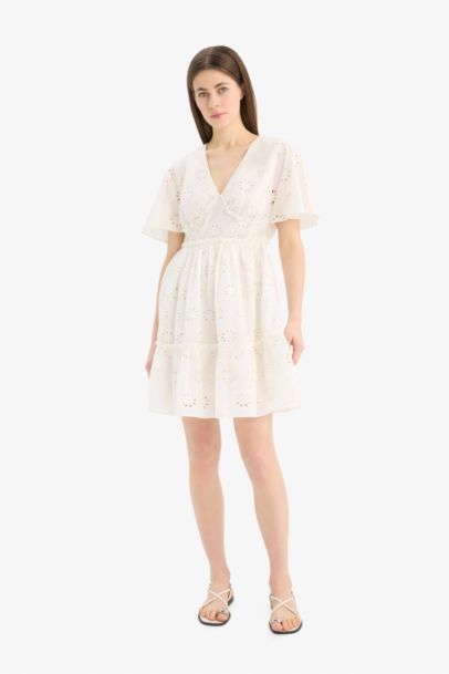 V-Neck Cotton Butterfly Sleeves Mini Dress