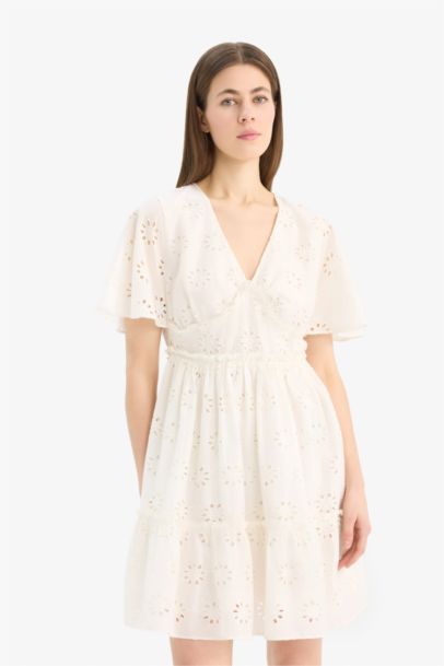 V-Neck Cotton Butterfly Sleeves Mini Dress