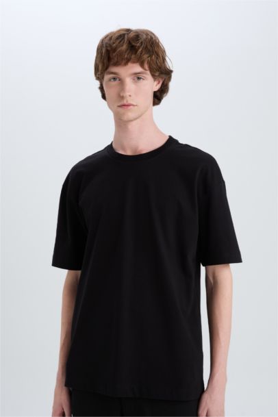 %100 Pamuk Oversize Geniş Kalıp Bisiklet Yaka Basic Düz Kısa Kollu Siyah Tişört