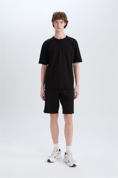 %100 Pamuk Oversize Geniş Kalıp Bisiklet Yaka Basic Düz Kısa Kollu Siyah Tişört
