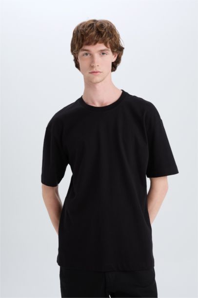 %100 Pamuk Oversize Geniş Kalıp Bisiklet Yaka Basic Düz Kısa Kollu Siyah Tişört
