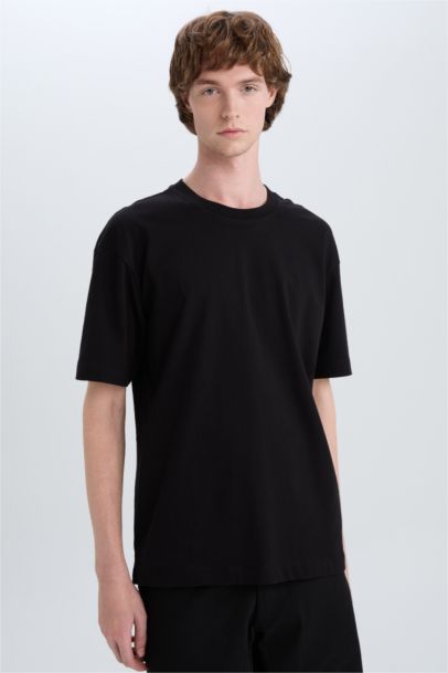%100 Pamuk Oversize Geniş Kalıp Bisiklet Yaka Basic Düz Kısa Kollu Siyah Tişört
