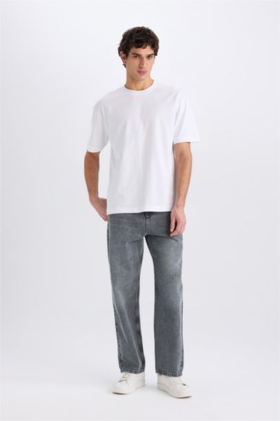 %100 Pamuk Oversize Geniş Kalıp Bisiklet Yaka Basic Düz Kısa Kollu Beyaz Tişört