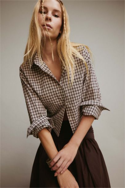 Oversize Loose Fit Plaid Long Crop Shirt