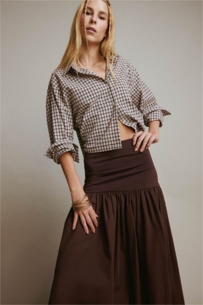 Oversize Loose Fit Plaid Long Crop Shirt