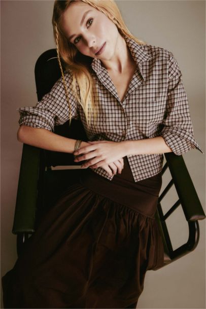 Oversize Loose Fit Plaid Long Crop Shirt