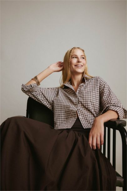 Oversize Loose Fit Plaid Long Crop Shirt