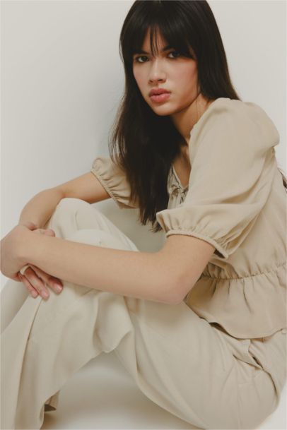 Regular Fit U Neck Linen Blend Blouse