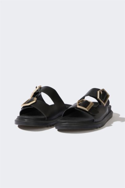 Woman Flat Base Double Banded Faux Leather Slippers