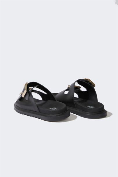 Woman Flat Base Double Banded Faux Leather Slippers