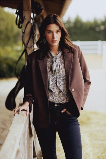 Regular Fıt Fiyonk Yaka Şal Desenli Şifon Uzun Kollu Gömlek